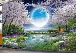 Nature Wall Mural Paintings Custom Mural Wall Paper Moon Cherry Blossom Tree Nature Landscape