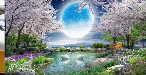 Nature Wall Mural Paintings Custom Mural Wall Paper Moon Cherry Blossom Tree Nature Landscape