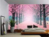 Nature Wall Mural Wallpaper Foggy Pink Tree Path Wall Mural Self Adhesive Vinyl Wallpaper Peel & Stick Fabric Wall Decal