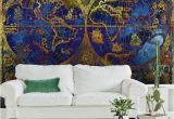 Nautical Map Wall Mural Vintage Metallic Blue and Gold World Map Wallpaper Mural