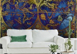 Nautical Map Wall Mural Vintage Metallic Blue and Gold World Map Wallpaper Mural