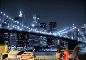 New York Lights Wall Mural Night In New York the Lights the Bridge the River High