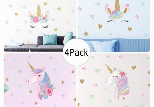 Nursery Rhyme Wall Mural Unicorn Wall Decal 4 Pack 4 Styles Unicorn Wall Stickers Decor with Heart & Stars for Girls Bedroom Home Decorations