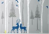 Oak Tree Wall Mural Birch Trees Fir Trees Pine Trees with Deers Wall Decal