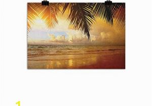 Ocean Sunset Wall Murals Littletonhome Ocean Modern Oil Paintings Sunset On the Beach Of Caribbean Sea Waves Coast with Palm Tree Canvas Wall Art 24"x16" Yellow Dark orange