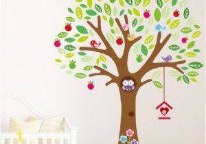 Owl Peel and Stick Wall Mural New 160cm 140cm Owl Big Apple Tree Colorful Birds and Nest