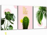 Painted Tropical Wall Murals Canvas Wall Art Leaf Tropical Rainforest Green Plant Landscape Series Cactus with Pink Contemporary 16" X 24" 3 Pieces Modern Artwork Giclee
