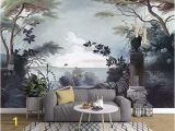 Painted Wall Murals Of Trees Murwall Dark Trees Painting Wallpaper Seascape and Pelican