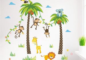 Palm Tree Mural Decal Cartoon Monkey Swing the Coconut Tree Wall Stickers for Kids
