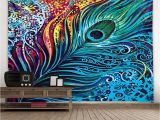 Peacock Feather Wall Mural Gift for Housewarming Multicolored Beautiful Colorful Peacock Feather Printed Tapestry Hanging Wall Decoration Art Beachtowel Shawl Flag Wall