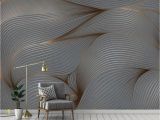 Peacock Feather Wall Mural Stylish Gray Gold Wavy Lines Abstract Design Wallpaper Mural