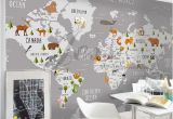 Peel and Stick World Map Wall Mural 3d Nursery Kids Room Animal World Map Removable Wallpaper