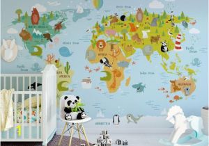 Peel and Stick World Map Wall Mural Fantastic Animal World Map Wallpaper Nursery Wall Mural Removable Kids Wall Paper Self Adhesive Geography Wall Decor for Children Bedroom