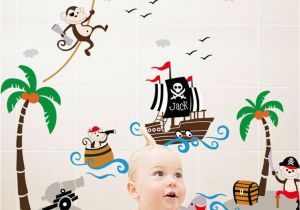 Pirate themed Wall Murals Pirates Vinyl Wall Decal with Captain Jack Ship Coconut Tree Cloud Monkeys