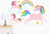 Rainbow Unicorn Wall Mural Dreamy Rainbow Unicorns Clouds & Stars Mural Wall Sticker