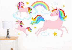 Rainbow Unicorn Wall Mural Dreamy Rainbow Unicorns Clouds & Stars Mural Wall Sticker