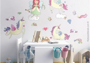 Rainbow Unicorn Wall Mural Unicorns Wall Decal Fairy Wall Decal Unicorn Wall Sticker Rainbow Clouds Wall Decal Stars Clouds Magical Wall Decal Girls Nursery Decor