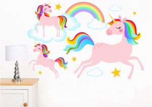 Rainbow Wall Mural Decal Dreamy Rainbow Unicorns Clouds & Stars Mural Wall Sticker