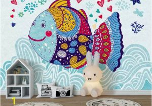 Removable Wall Murals for Kids Kids Wallpaper Cartoon Fish Wall Mural Abstract Fish Drawing Wall Art Childroom Baby Room