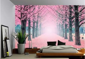 Removable Wall Murals Nature Foggy Pink Tree Path Wall Mural Self Adhesive Vinyl Wallpaper Peel & Stick Fabric Wall Decal