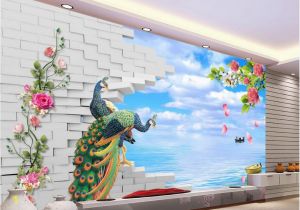 Small Size Wall Murals 3d Brick Wall Backdrop Painting Peacock Seaside Scenery Landscape