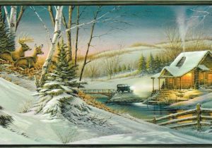 Snow Scene Wall Murals Country Deer In the Woods Log Cabins Old Car Winter Time