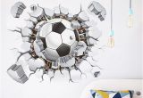 Soccer Wall Mural Decals Broken Wall Football 3d Vivid Wall Stickers for Kids Rooms Home