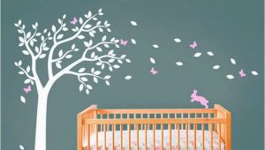 Stick On Wall Murals for Nursery Huge White Tree Decal with Cute Rabbit and butterflies Vinyl