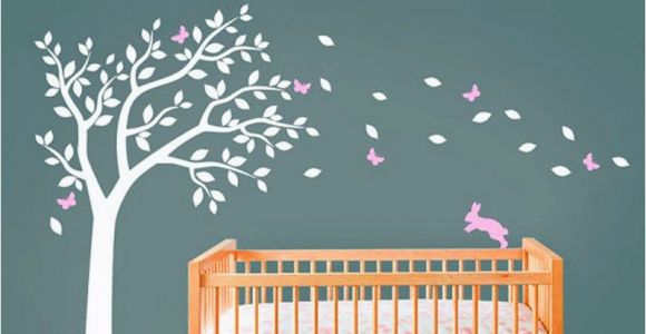 Stick On Wall Murals for Nursery Huge White Tree Decal with Cute Rabbit and butterflies Vinyl