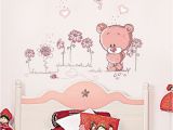 Teddy Bear Wall Mural Cartoon Teddy Bear with Flowers Pink Pvc Wall Stickers