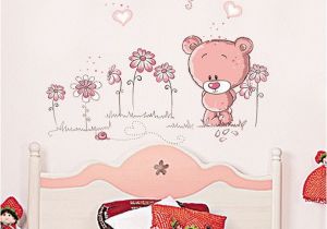 Teddy Bear Wall Mural Cartoon Teddy Bear with Flowers Pink Pvc Wall Stickers