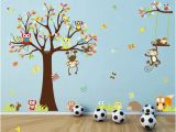 Tree Photo Wall Mural Cartoon forest Animal Monkey Owls Hedgehog Tree Swing Nursery Wall Stickers Wall Murals Diy Posters Viny Removable Art Wall S for Kids Room