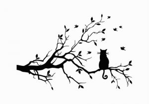 Tree Silhouette Wall Murals Cat Tree Branch Birds Wall Sticker Tree Vinyl Wall Decal