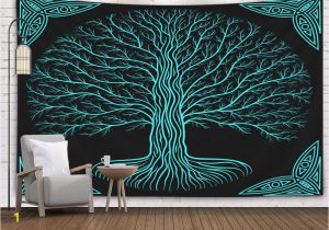Tree Silhouette Wall Murals Grootey Tree Wall Tapestry Tapestry 60x60inches Tree Night Round Silhouette Black Blue Logo Ancient Book Style Yggdrasil at Gothic Tapestries Wall Art