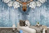 Vintage Wall Murals Wallpaper Vintage Deer Head with White Roses Blue Wooden Wall Art