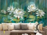 Wall Mural Printing Philippines oriental Ink Lotus Wallpaper Wall Murals Dark Green Leaves White Flowers Wall Stickers Wall Decals Summer View Wall Decor Wall Art