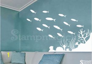 Wall Murals Beach theme School Of Fish Wall Decal Ocean Sea Coral Rock Scene Wall