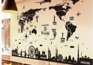 Wall Murals for Business Shijuehezi World Map Wall Stickers Diy Europe Style Buildings Wall Decals for Living Room Pany School Fice Decoration Stickers for Walls Art