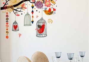 Wall Murals for Living Room India Stickerskart Multicolor Branch with Decorative Elements Living Room Art Decal Birds & Cages Wall Sticker