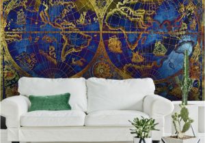 Wall Murals Gold Coast Vintage Metallic Blue and Gold World Map Wallpaper Mural