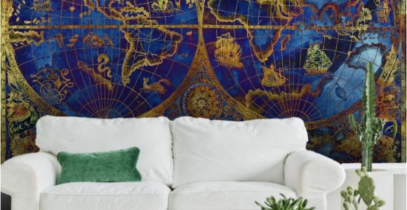 Wall Murals Gold Coast Vintage Metallic Blue and Gold World Map Wallpaper Mural