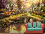 Wall Murals Outdoor Scenes European Style Village forest House Night Scene Pil Painting Tv Wall