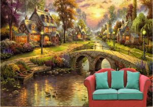 Wall Murals Outdoor Scenes European Style Village forest House Night Scene Pil Painting Tv Wall
