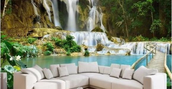 Waterfall Wall Murals Cheap 3d forest Waterfall Wallpaper Lake and Bridge Wall