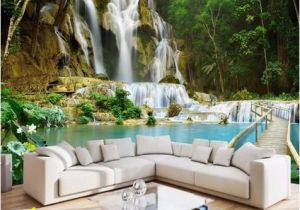 Waterfall Wallpaper Wall Mural 3d forest Waterfall Wallpaper Lake and Bridge Wall