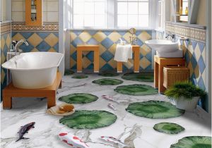 Waterproof Bathroom Murals Custom Wall Mural Marble Pattern Lotus Leaf Fish 3d Floor Decoration