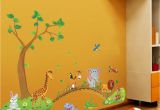 Wild Animal Wall Murals Großhandel 3d Cartoon Dschungel Wilde Tier Baum Brücke Blumen