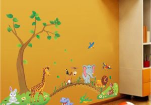 Wild Animal Wall Murals Großhandel 3d Cartoon Dschungel Wilde Tier Baum Brücke Blumen