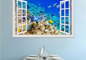 Window Cling Murals 3d Window View Underwater World and Fish Wall Stickers Decals Pvc