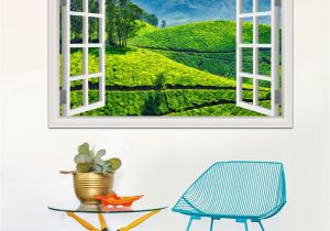 Window Murals for Home 3d Window Decal Wall Sticker Green Tea Garden Beautiful Landscape